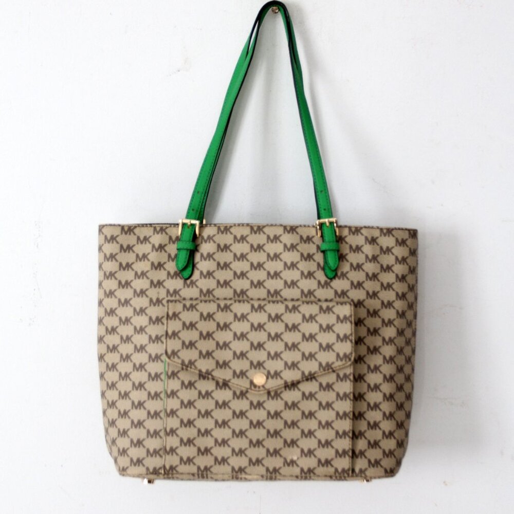 Michael Kors Monogram Canvas Tote Bag with Green Leather Handles